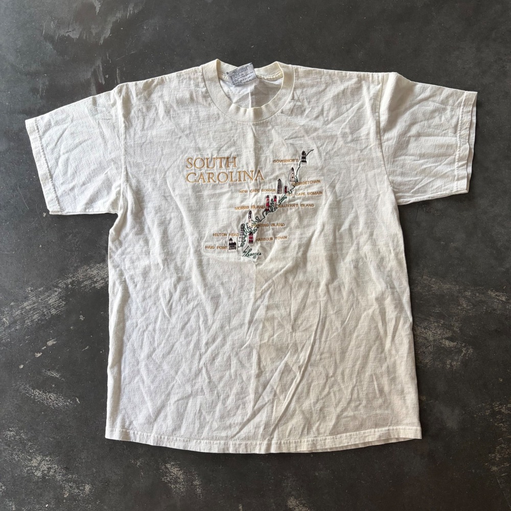 Vintage Lee South Carolina Lighthouses Embroidered T-Shirt White Large USA Made